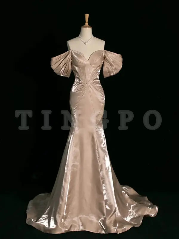 Wholesale Pretty Mermaid Off The Shoulder Satin Long Champagne Prom Dresses Party Evening Dress formal wear dresses 